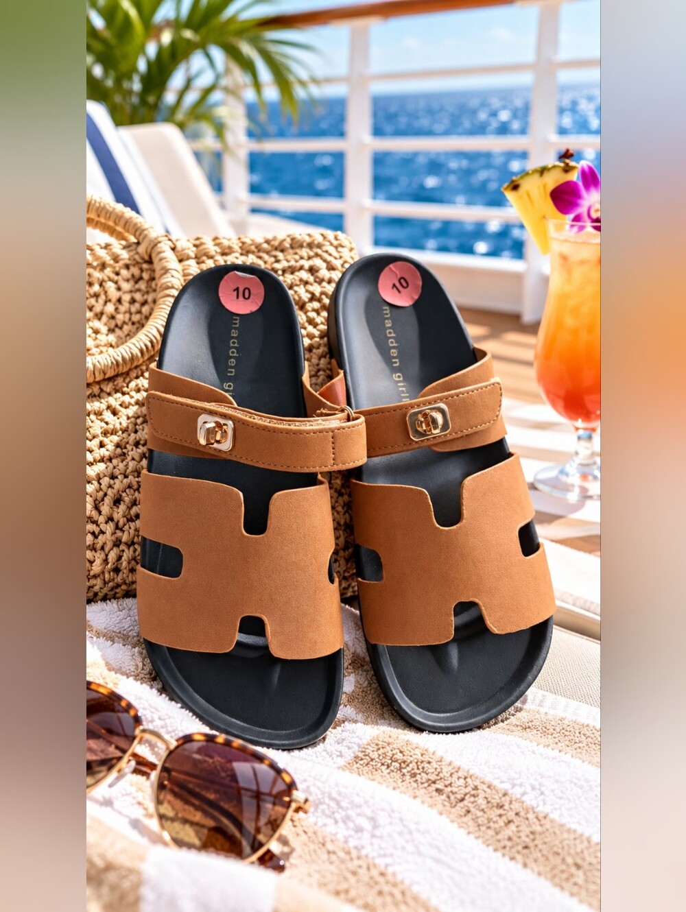 Madden Girl Size 10 Tan Cognac Cutout Slide Sandals Gold Hardware NWOT